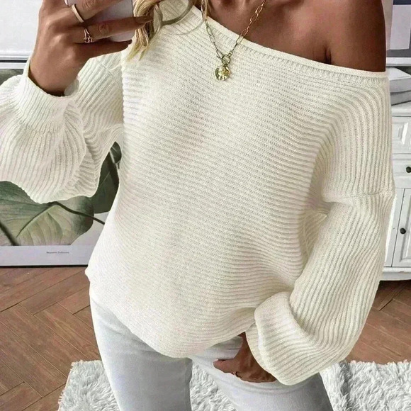 Beige Casual Women's Asymmetrical Neckline Sweater Pullover - Picture 3 of 6